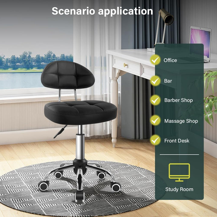 Black Square Minimalist Swivel Stool with Wheel for Work SPA Shop Massage Height-Adjustable and Cost-Effective Rolling Stool Chair with Back