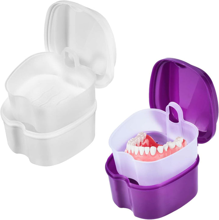 2 Pack Colors Denture Bath Case Cup Box Holder Storage Soak Container with Strainer Basket for Travel Cleaning (Light Blue and Blue)