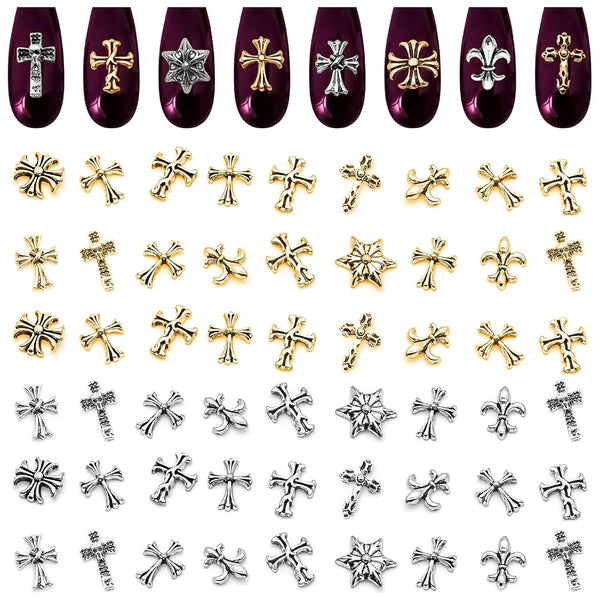 240 Pcs Silver and Gold Cross Nail Charms Bulk – 3D Silver and Gold Nail Charms Cross for DIY & Professional Manicures – Large-Pack for Creative Manicures with Shiny Crosses Accents
