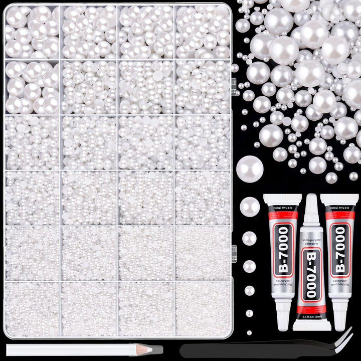16500Pcs Flatback Pearls for Crafting (White), Assorted Size 2/3/4/5/6/8/10Mm Half Pearl with 3Pcs 10Ml B7000 Jewelry Glue, Bedazzling Kit for DIY Crafts Clothing Tumbler Shoes Embellishment Nail Art
