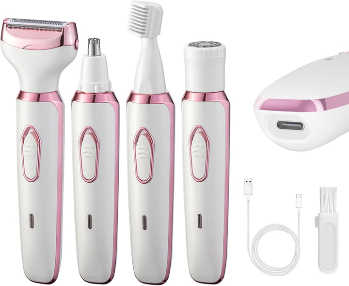 4-In-1 Electric Razor for Women - Rechargeable Painless Body & Facial Hair Remover, Bikini Trimmer for Legs, Underarm & Face, Portable Women'S Shaver Set with Smooth Glide Technology