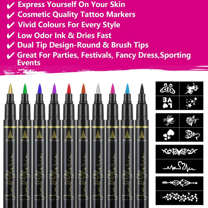 Body Art Tattoo Pen Dual Tip 10 Colors with GOLD SILVER Temporary Tattoo Markers Skin Pen Body Markers Skin Marker Face Paint Kids Teen Girl Gifts Trendy Stuff 8 9 10 11 12 13 14 Years Old