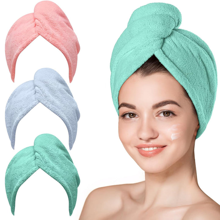 Microfiber Hair Towel,Turbans for Drying Wet Hair, anti Frizz Hair Wrap Towels for Curly Hair Women (Blue,Grey,Pink) , 3 Packs