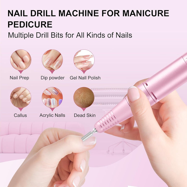 Professional Electric Nail Drill File: Glitter Portable Cordless E-File Nail Drill Kit with 11 Drill Bits,30000 RPM Rechargeable Nail Drills Machine for Acrylic Nails Gel Polishing (Pink)