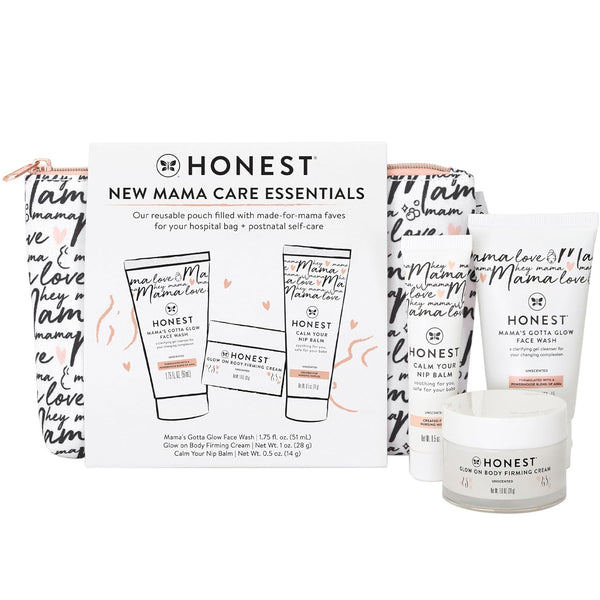 New Mama Care Essentials Gift Set | Hospital Bag Must Haves | Travel Size Nip Balm (0.5 Oz), Glow on Body Cream (1 Oz), Gotta Glow Face Wash (1.75 Fl Oz), Reusable Pouch