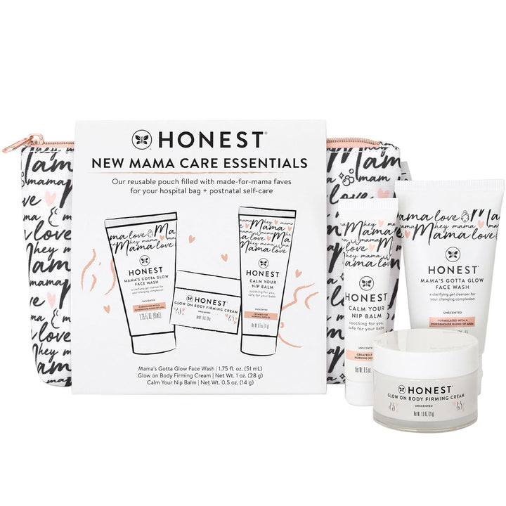 New Mama Care Essentials Gift Set | Hospital Bag Must Haves | Travel Size Nip Balm (0.5 Oz), Glow on Body Cream (1 Oz), Gotta Glow Face Wash (1.75 Fl Oz), Reusable Pouch