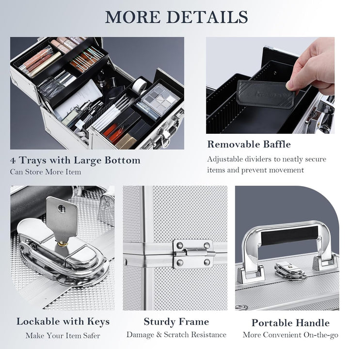 Makeup Train Case Makeup Organizer Box Portable Cosmetic Travel Case with Lock 4 Trays Aluminum Hard Vanity Box Make up Artist Nail Beauty Storage Organizer Cosmetic Suitcase Bright Silver