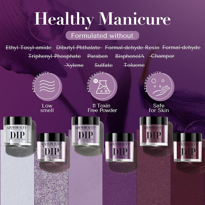 Dip Powder Nail Set, 6 Colors Fall Winter Purple Rose Red Glitter Natural Dipping Powder Starter Kit, French Nail Art Manicure DIY Salon, No Need Nail Lamp Cured