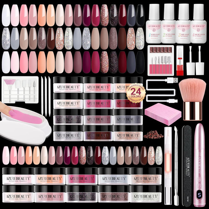 Dip Powder Nail Kit with Electric Nail Drill, 24 Colors Nude Pink Glitter Nail Powder Starter Kit with Dip Liquids Base Top Coat Activator Portable Manicure French Nail Art Essential Set