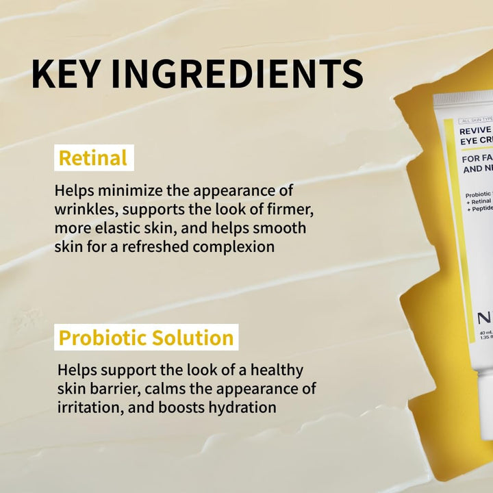 Revive Eye Cream for Face and Neck | Probiotic Solution, Retinal, Peptide | Wrinkles, Fine Lines, Cell Turnover, Firm Skin Texture, Radiant Skin, Moisture Retention | 1.35 Fl. Oz., 40Ml