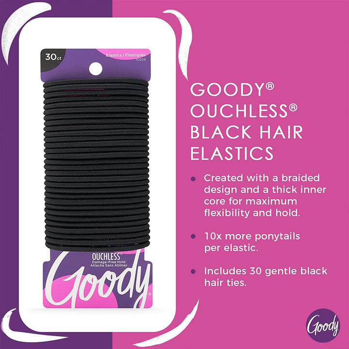 Ouchless Hair Elastics – No Pull, No Breakage, Tangle-Free Hold for Thick, Curly, Coily & Textured Hair – 30 Count, Black, Long-Lasting Ponytail Holders for Women & Men