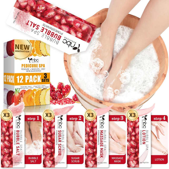 Pedicure Kit Foot Soak Set: Bubble Salt, Sugar Scrub, Massage Mask, Massage Lotion in a Box, 4 Step Foot Spa Kit for Dry Feet,Tired Feet（1 Set Lavender)