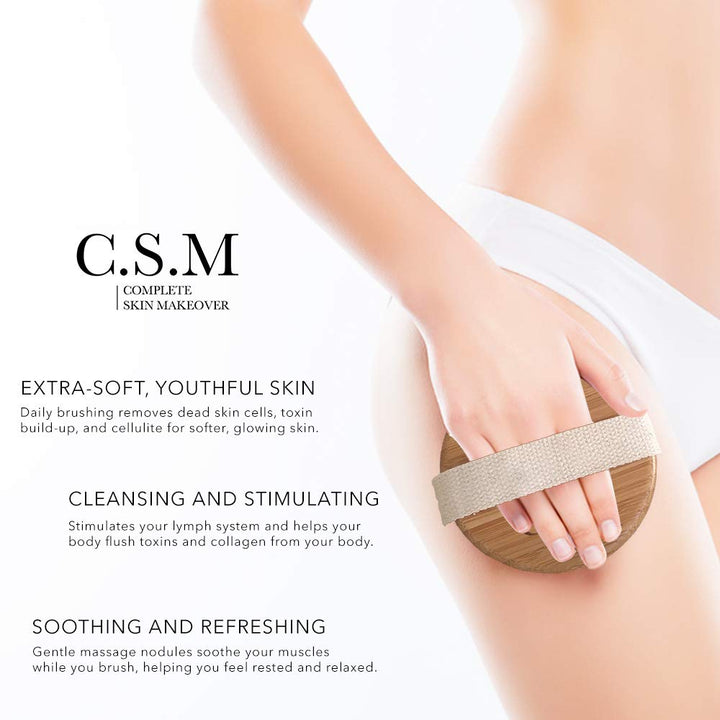 CSM Dry Brushing Body Brush for Lymphatic Drainage - Natural Boar Bristle Exfoliating Brush Set with Face Brush for Cellulite, Circulation & Glowing Skin