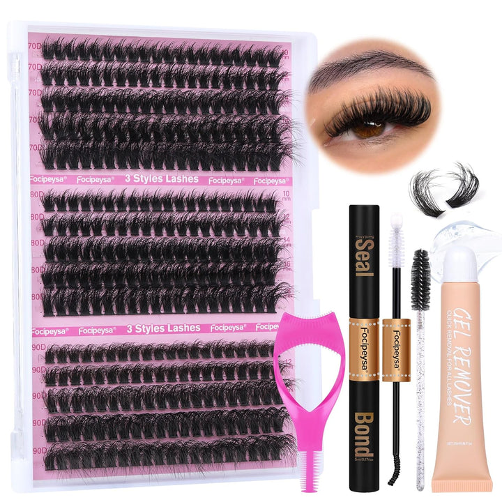 Lash Extension Kit Thick Eyelash Extension Kit 10-18Mm Fluffy Lash Clusters 200D Individual Eyelashes Kit with Lash Bond, Lash Remover, Lash Applicator, DIY Lashes Extension