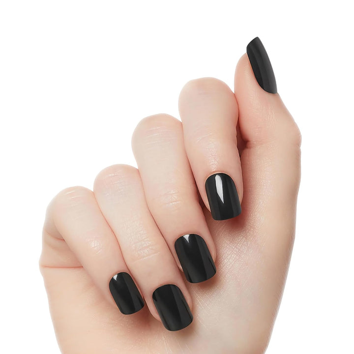 Gel Fantasy Press on Nails, Nail Glue Included, 'Aim High', Black, Short Size, Squoval Shape, Includes 28 Nails, 2G Glue, 1 Manicure Stick, 1 Mini File, 1 Adhesive Tab