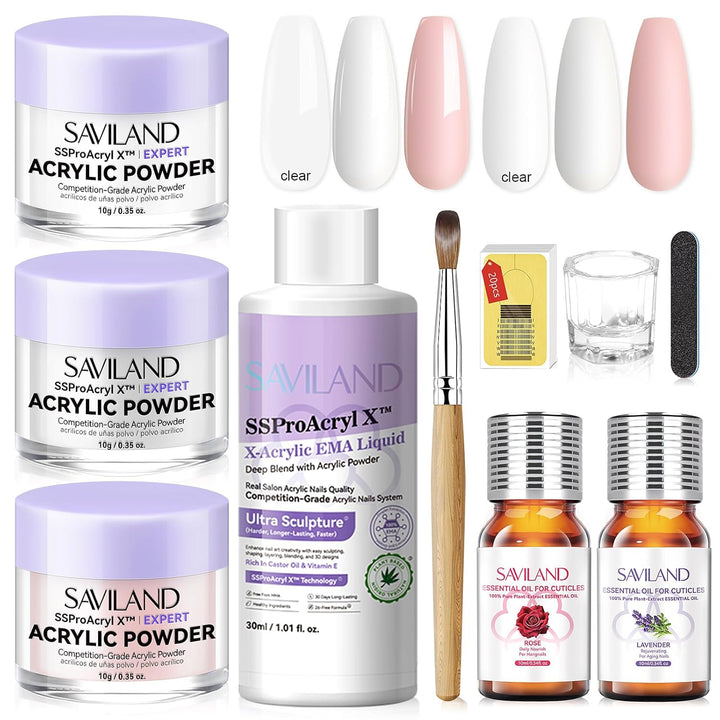 Acrylic Nail Starter Kit: Clear Pink Nude Acrylic Powder & Liquid, Brush, Files, Forms, Press on Nails, Home Practice Set