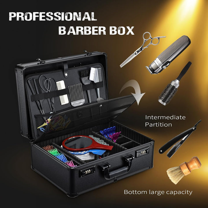 Barber Accessories Case, Profesional Barbers Briefcase Tool Case, Barber Cases for Clippers and Supplies, Hair Scissors Clippers Trimmer Organizer, Barbers Suitcase with Code Lock Black