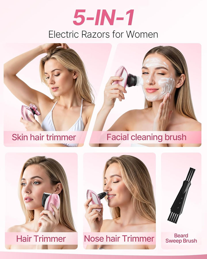 Electric Razors for Women, 5-In-1 Rechargeable Body Shaver - Waterproof Wet Dry Hair Remover - Trimmer for Lady Face Underarms Bikini,Lips,Arms, Legs