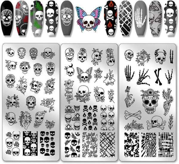 3Pcs Gothic Skull Nail Stamper, 58 Patterns Horror Skeleton Flower Nail Stamping Plate Nail Art Stencils Stainless Steel Nail Image Plates for Nail Design Print Manicure Salon Halloween
