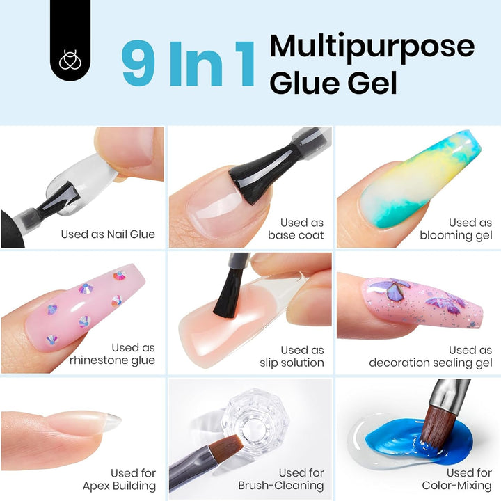 Beetles 9 in 1 Gel Nail Glue for Acrylic Nails Tips, 2 Pcs 10Ml Super Strong Nail Glue for Clear False Nails Tips Base Coat Rhinestones Blooming Art Christmas Nails Long Lasting U V Light Cure