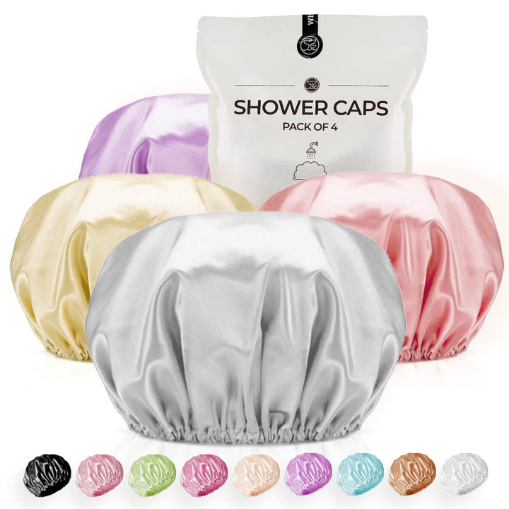 Extra Large Reusable Shower Cap for Men, Women (Black 4 Pack ) Satin Double Layer EVA Waterproof Long Hair Cap