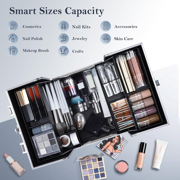 Makeup Train Case Makeup Organizer Box Portable Cosmetic Travel Case with Lock 4 Trays Aluminum Hard Vanity Box Make up Artist Nail Beauty Storage Organizer Cosmetic Suitcase Bright Silver