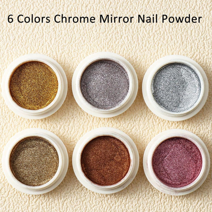 6PCS Chrome Nail Powder Metallic Mirror Pigment Glitter Effect Holographic Powder for Nails, Rose Gold Silver Champagne Rubbing DIY Dust for Nail Designs Decoration Supplies