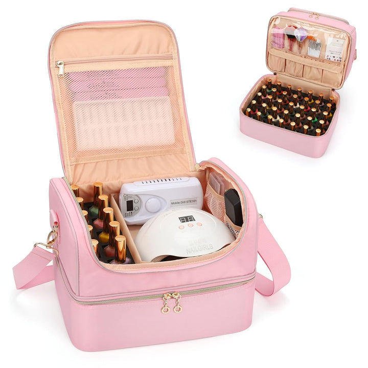 Nail Polish Organizer Case, Nail Supplies Storage Box Holds 45 Bottles Nail Polish & Nail Lamp, Travel Nail Tech Carrying Case, Nail Kit Bag for Nail Stuff & Manicure Tools