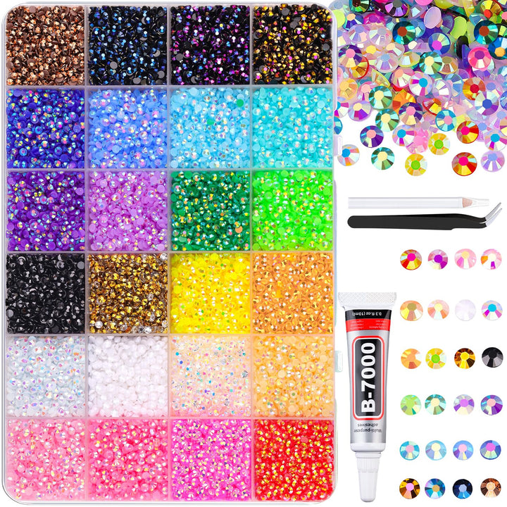 13000Pcs Flatback Pearls for Crafting (White), Assorted Size 2/3/4/5/6/8/10Mm Half Pearl Bead Gems with 3Pcs 10Ml B7000 Jewelry Glue, Bedazzling Kit for Crafts Shoes Graduation Cap Nail Art