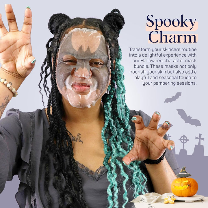 Facial Mask Sheet Bundle - Pumpkin, Ghost, Bat - Halloween Character Mask Bundle - Face Masks for Skin Care - Moisturizing Sheet Face Masks - Skincare Pack for Women - Spa Beauty Masks