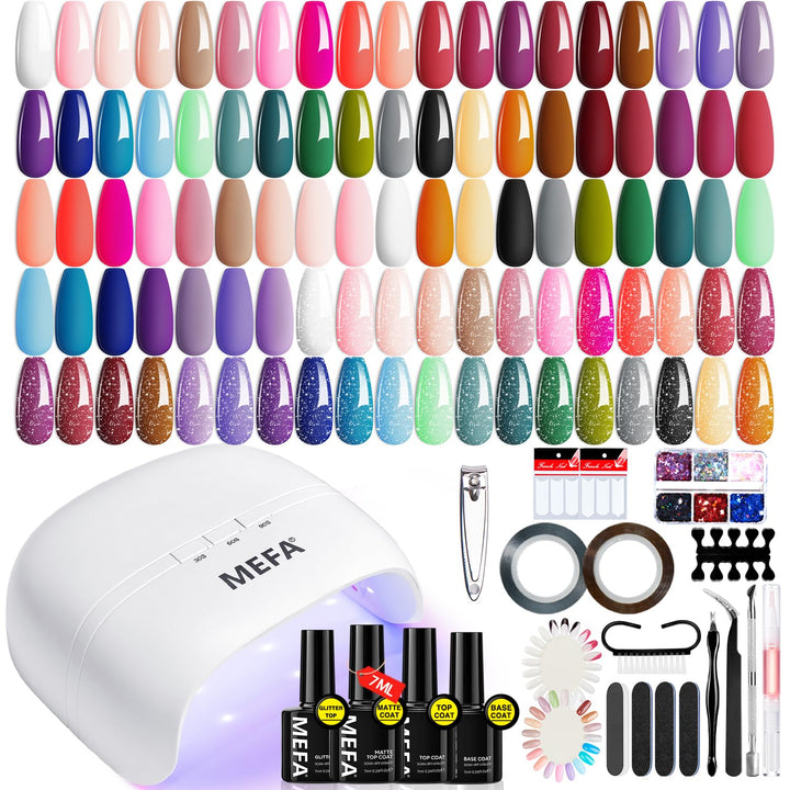 42 Colors Gel Nail Polish Kit with U V Light, 59 Pcs All Seasons Collection Colorful Gel Polish Essential Set with 5 Psc Matte/Glossy Base Top Coat, Salon Gifts for Women