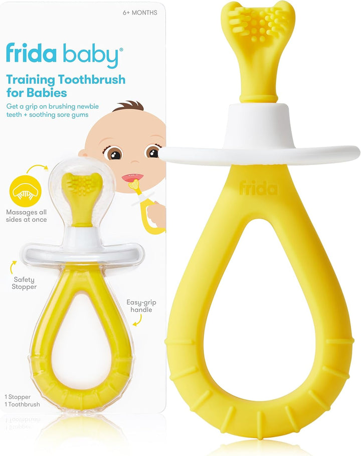 Grow-With-Me Baby Toothbrush Training Set | Infant to Toddler Toothbrush 0-12 Months, Cleans All Sides at Once, Oral Care for Sensitive Gums | Yellow