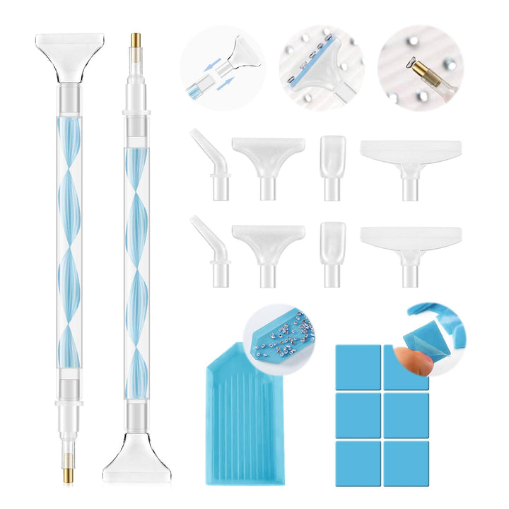 Rhinestone Picker Tool Kit: 2Pcs Rhinestone Picker Handle, Dual-Ended Rhinestones Applicator Dotting Pen with 12 Upgraded Plastic Replacement Tips, Clay, Bedazzling Tools for Nail Art Craft