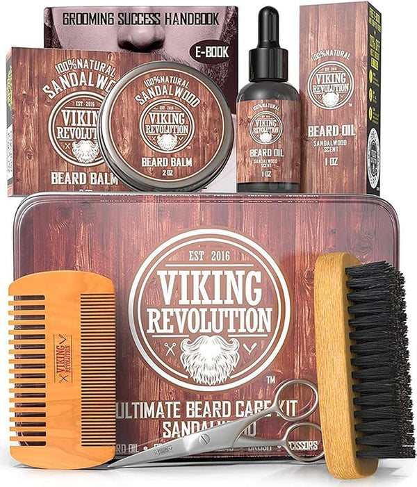 Ultimate Grooming Kit for Men - Boar Brush, Wood Comb, Sandalwood Balm & Oil, Scissors for Beard & Mustache
