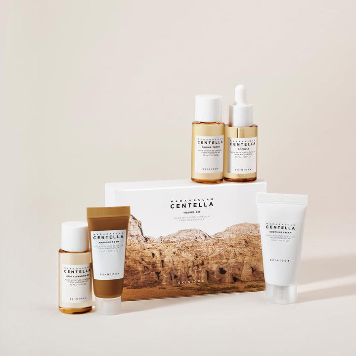 Madagascar Centella Travel Kit, Toner, Ampoule, Soothing Cream, Cleansing Oil, Ampoule Foam, Basic Skincare Trial Kit Box , Gift Sets for Mom, Women & Mothers Day, Compact Size