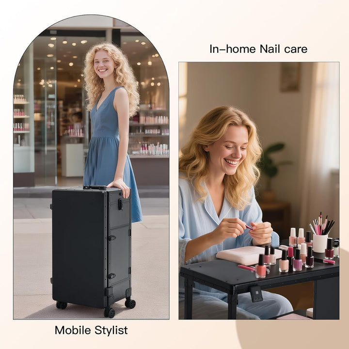 Rolling Portable Manicure Table with 3 Drawers, Lockable Makeup Train Case with Mirror & Nail Polish Organizer, Foldable Nail Desk with Wheels & Handle for Mobile Nail Techs & Salon Use, Black