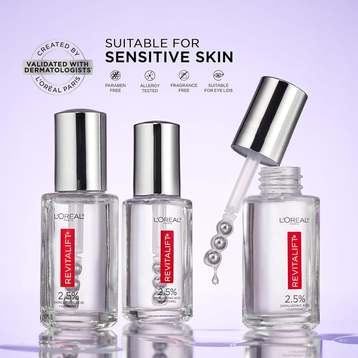 Revitalift Hyaluronic Acid + Caffeine Hydrating Eye Serum for Dark Circles, Fragrance Free .67 Fl. Oz + Moisturizer Sample