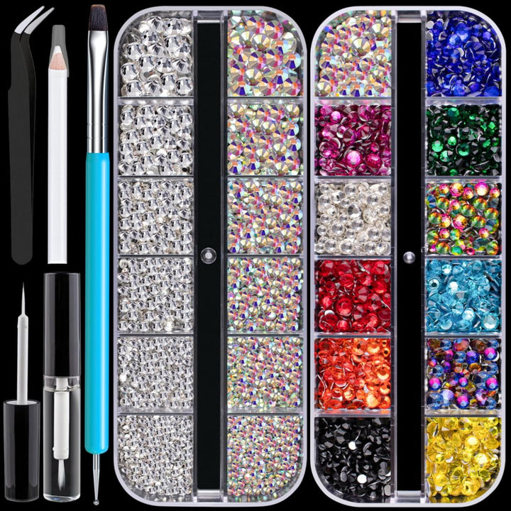 Flat Back Rhinestone Kits Colorful Rhinestones+Crystal Ab&Transparent White Face Gems Nail Gem with Quick Dry Makeup Glue+Picker Pencil+Tweezer for Bedazzling Face Makeup and Nail Art