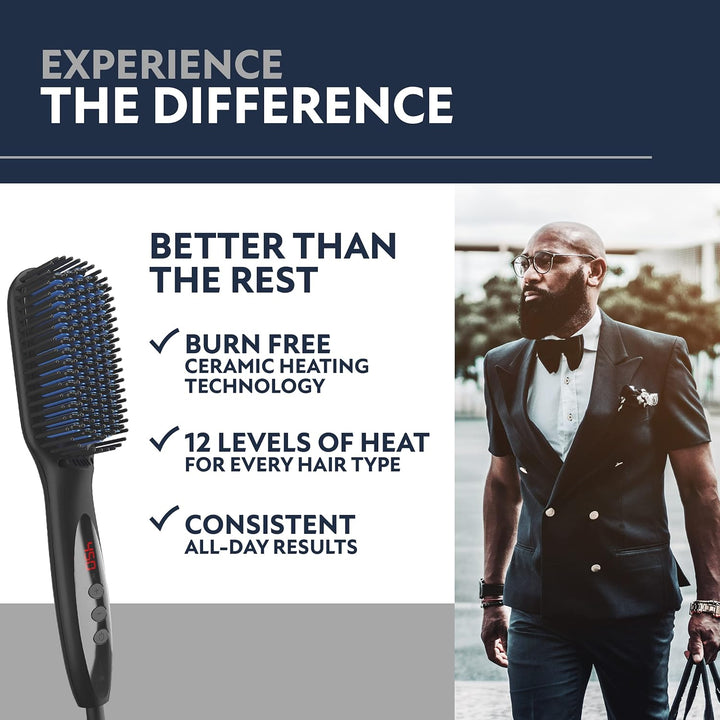 Beard Straightener for Men -Premium Heated Beard Brush Kit W/Anti-Scald Feature, Dual Action Hair Comb and Hard Shell Travel Case for Medium to Long Beards - Costume and Grooming Gifts for Men