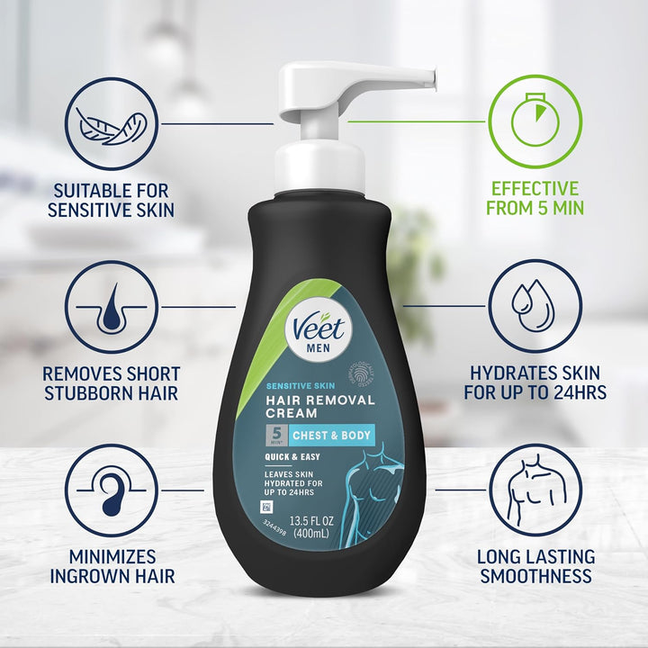 Hair Removal Cream for Men, 5 Min Sensitive Skin, Hair Removal Gel for Body, Chest & Back, Dermatologically Tested, 13.5 FL OZ W/ Spatula