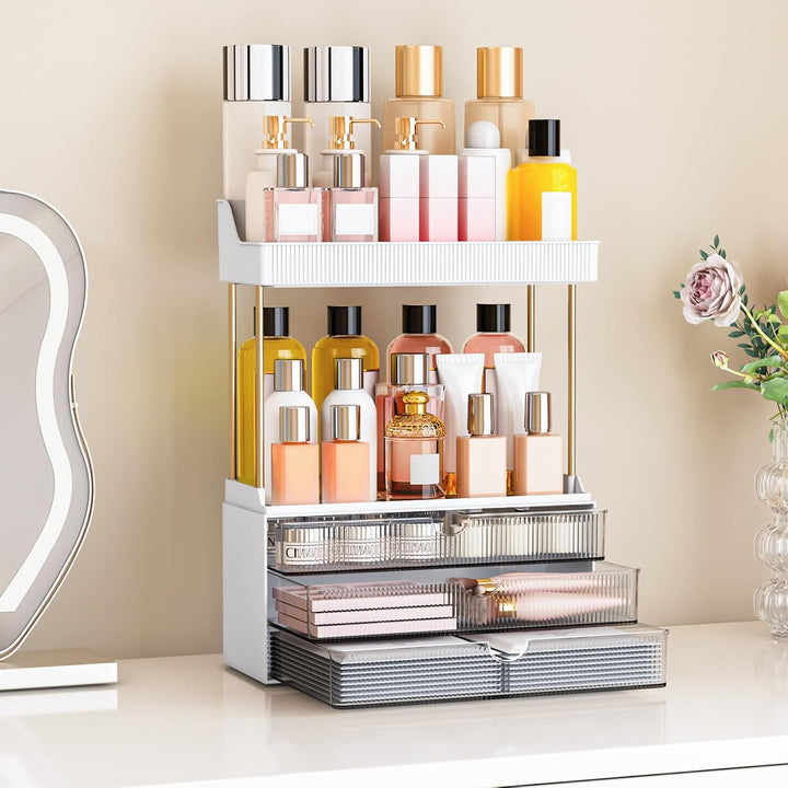 5 Tiers Bathroom Counter Organizer - 3 Drawers Makeup Organizer, Cosmetic Storage Drawer for Dresser Countertop and Bathroom Vanity for Large Skincare, Perfume, Clear