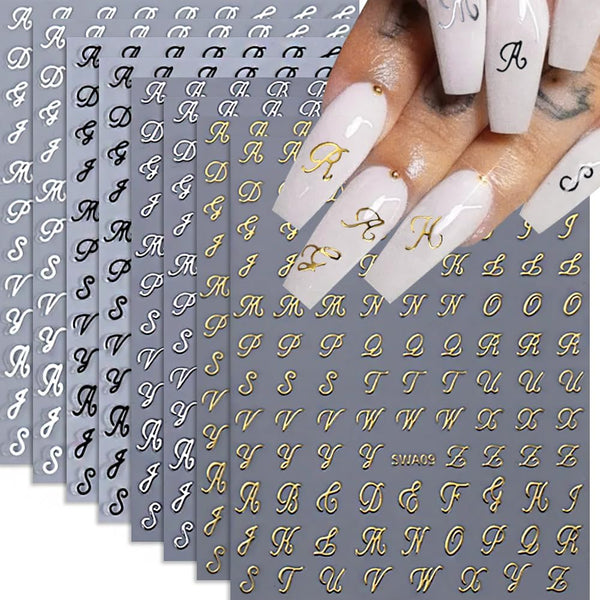 Letter Nail Stickers, 8 Sheets Old English Letter Nail Decals 3D Self-Adhesive Gold Silver Black White Retro English Pattern Old Alphabet Cursive Design Manicure Nail Accessories for Women Girls