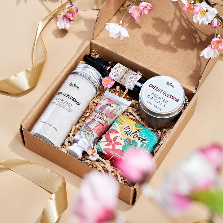 Gifts for Women BFFLOVE Gift Set for Women 5Pcs Cherry Blossom Spa Set, Birthday Gifts for Her with Massage Oil, Scented Candle, Bath Salts, Hand Cream