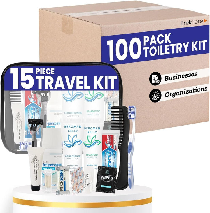 Travel Toiletry Kit for Men and Women – 15 Piece Set of Travel Size Toiletries, TSA Compliant, Includes Shampoo and Conditioner, Body Wash, Toiletry Bag & More