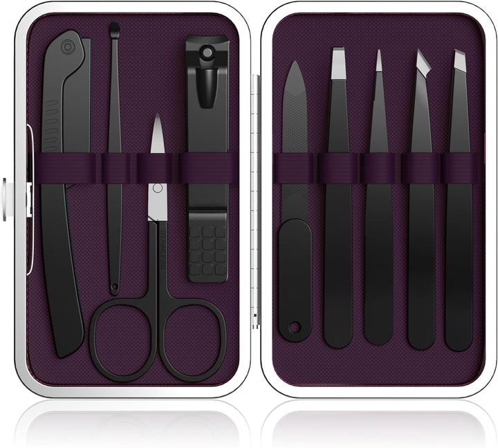 Tweezers Set,9 Pcs Professional Stainless Steel Tweezer Kit-Great Precision Eyebrow Tweezers for Ingrown Facial Hair with Leather Travel Case as Stocking Stuffing Gifts
