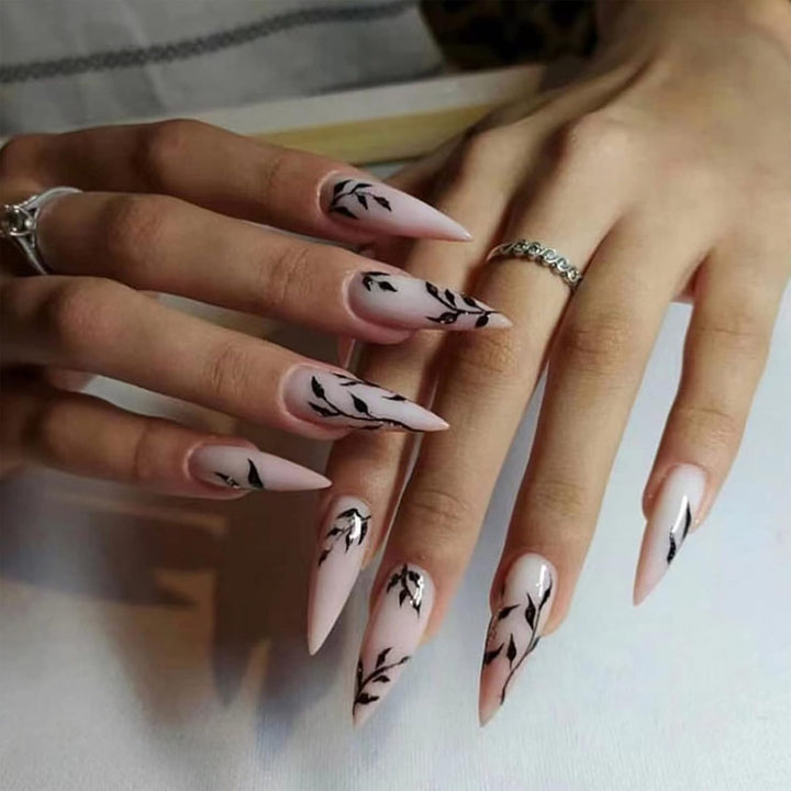 Stiletto Press on Nails Extra Long Fake Nails with Glue Glossy False Nails with Black Gradient Designs Full Cover Almond Acrylic Nail 24Pcs