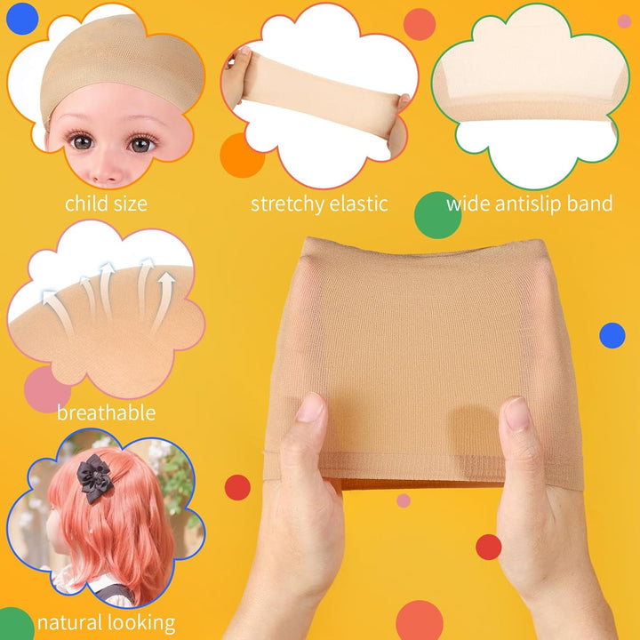 Wig Cap, 4PCS Wig Cap for Kids Light Brown. Stretchy Stocking Caps for Wigs, Natural for Halloween, Cosplay.