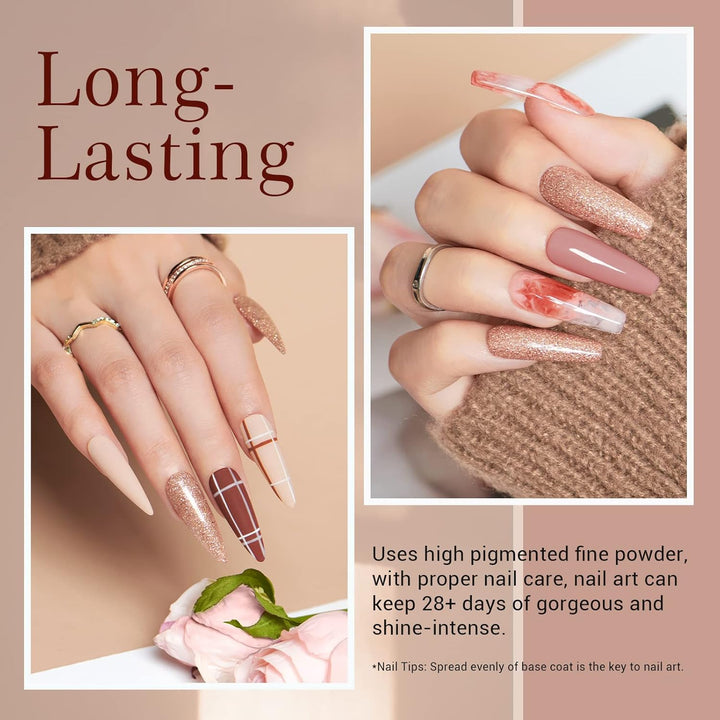 Dip Powder Nail Kit Starter, Fall 4 Colors Skin Nude Brown Glitter, Acrylic Dipping Powder Liquid Set with Base/Top Coat Activator for Daily French Nail Art Manicure DIY Gift 12 Pcs