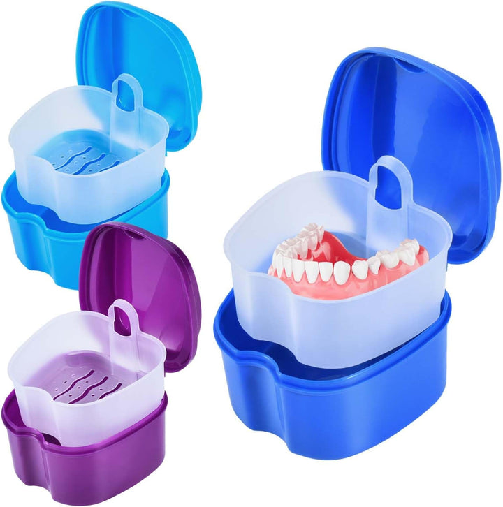 2 Pack Colors Denture Bath Case Cup Box Holder Storage Soak Container with Strainer Basket for Travel Cleaning (Light Blue and Blue)