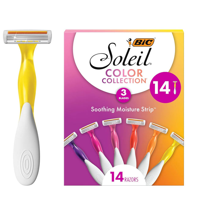 Soleil 3 Colors Women'S Disposable with 3 Blade Razors, Aloe Vera and Vitamin E Lubricating Strip for Enhanced Glide, 14-Pack, Stocking Stuffers for Women